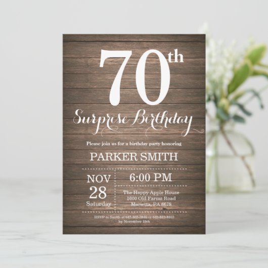 Rustic Surprise 70th Birthday Invitation (Debout devant)
