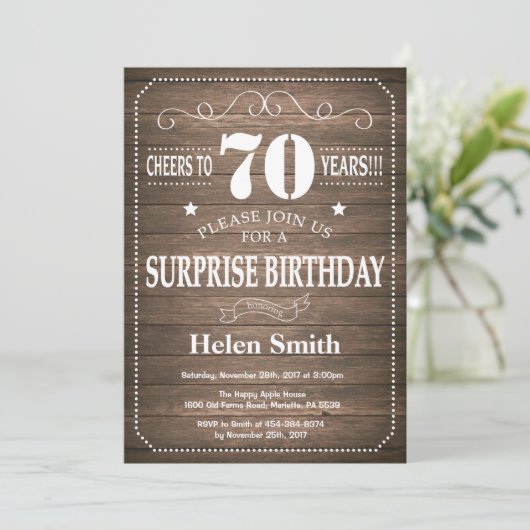 Rustic Surprise 70th Birthday Invitation (Debout devant)