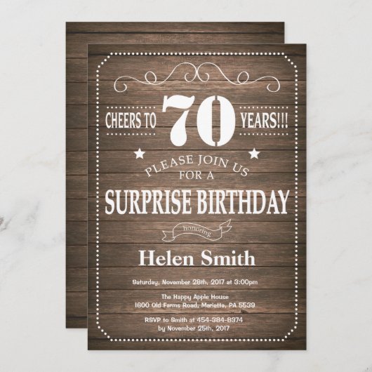 Rustic Surprise 70th Birthday Invitation (Devant / Derrière)