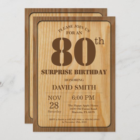 Rustic Surprise 80ste verjaardag Uitnodiging Hout (Voorkant / Achterkant)