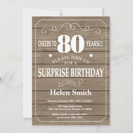 Rustic Surprise 80th Birthday Invitation (Devant)