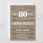 Rustic Surprise 80th Birthday Invitation<br><div class="desc">Rustic Surprise Invitation d'anniversaire 80e. Typographie blanche. Arrière - plan rustique en bois. Anniversaire adulte. Hommes ou Femmes Anniversaire. Enfants Garçon ou fille Ado Anniversaire adolescent Invitation . 13ème 15ème 16ème 18ème 20ème 21ème 30ème 40ème 50ème 60ème 70ème 80ème 90ème 100ème. N'Importe Quel Âge. Pour plus de personnalisation, cliquez sur...</div>