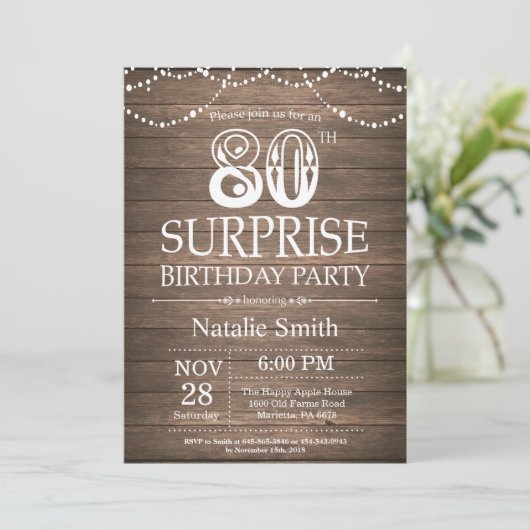 Rustic Surprise 80th Birthday Invitation (Debout devant)