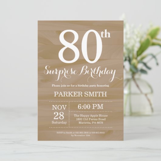 Rustic Surprise 80th Birthday Invitation (Debout devant)