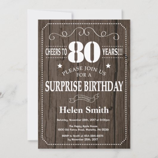 Rustic Surprise 80th Birthday Invitation Kaart (Voorkant)