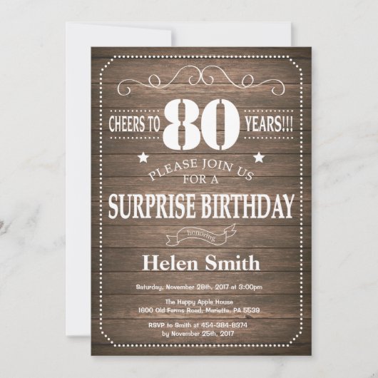 Rustic Surprise 80th Birthday Invitation Kaart (Voorkant)