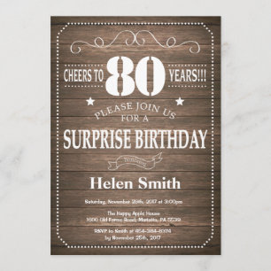 Rustic Surprise 80th Birthday Invitation Kaart