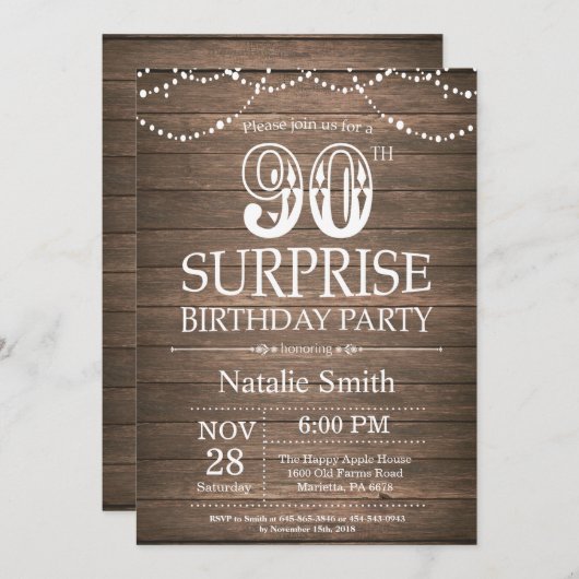 Rustic Surprise 90e anniversaire Invitation (Devant / Derrière)