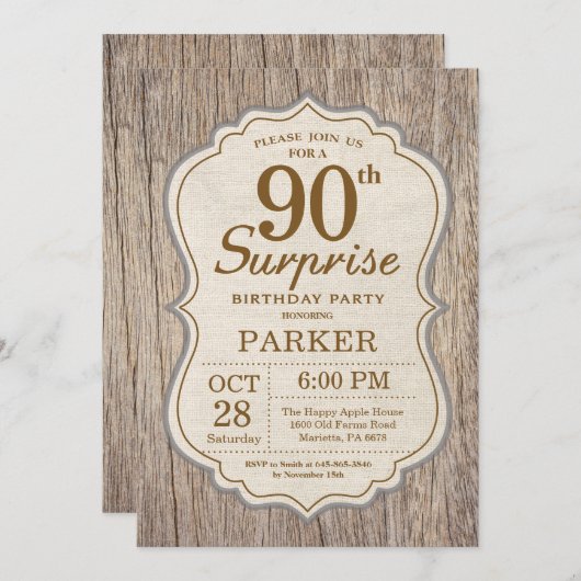 Rustic Surprise 90e anniversaire Invitation Bois (Devant / Derrière)