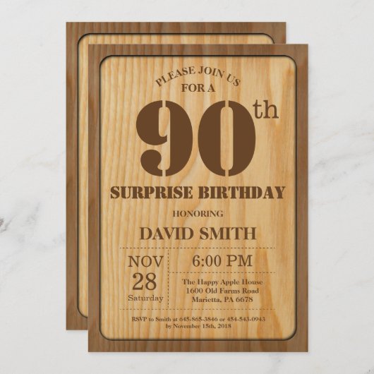 Rustic Surprise 90e anniversaire Invitation Bois (Devant / Derrière)