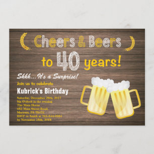 Rustic Surprise Cheers and Beers 40th Birthday Kaart