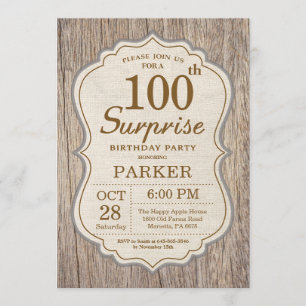 Rustic Surprise Invitation 100e anniversaire Bois