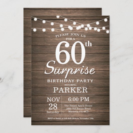 Rustic Surprise Invitation 60e anniversaire Bois (Devant / Derrière)