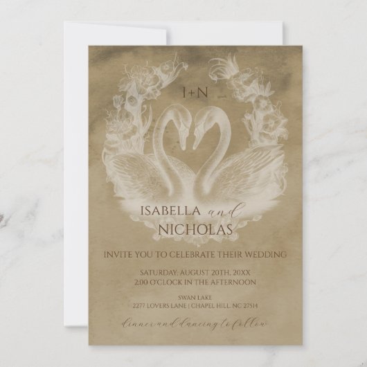 Rustic Swan Monogram bruiloft Uitnodigen Kaart (Voorkant)