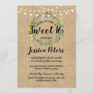Rustic Sweet 16 Party Burlap Green Wreath Invite Kaart