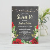 Rustic Sweet 16 Party Chalk Red Roses Flower Kaart (Staand voorkant)