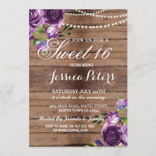 Rustic Sweet 16 Party Floral Wood Paars Invite Kaart