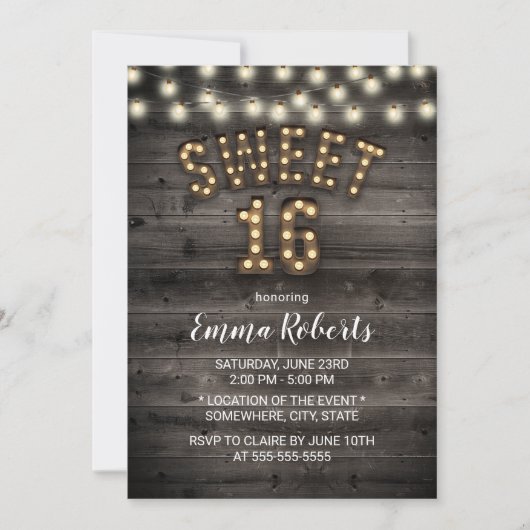 Rustic Sweet 16 String Lights Barn Wood Birthday Kaart (Voorkant)