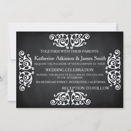 Rustic Swirl Floral Chalkboard Wedding Kaart (Voorkant)
