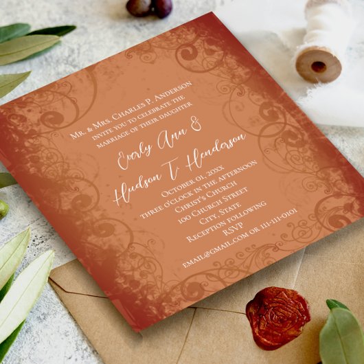 Rustic Swirl Terracotta Coral Wedding Uitnodiging