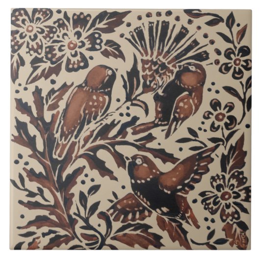 Rustic Tan Brown Birds & Thistle Flowers Natuur Tegeltje (Voorkant)
