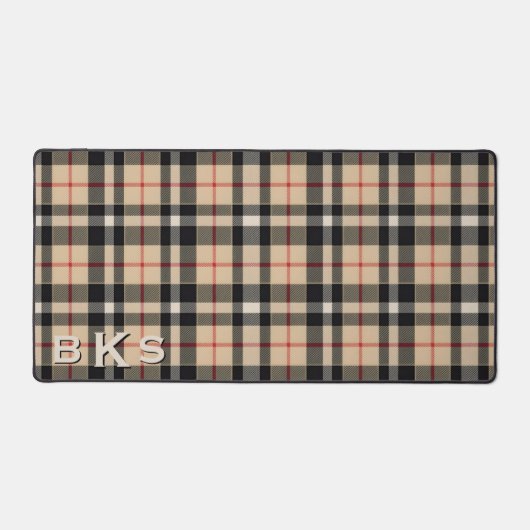 Rustic Tan White & Black Tartan Plaid Monogram Bureaumat (Voorkant)