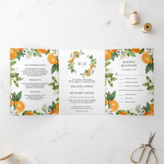Rustic Tangerine Citrus Sinaasappel All-in-One Wed Drieluik Uitnodiging (Binnen)
