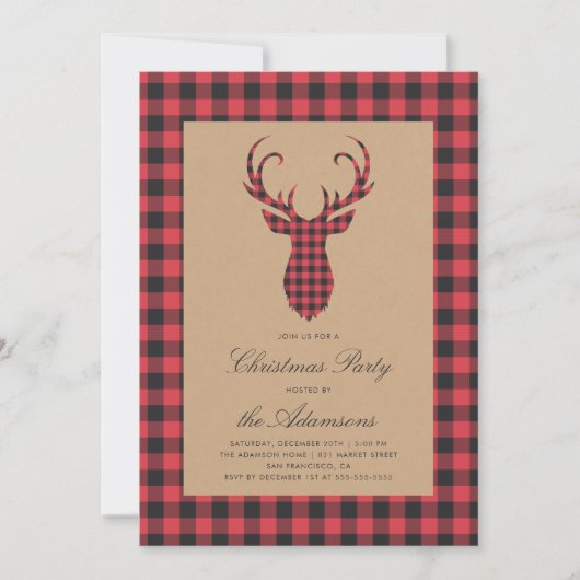 Rustic Tartan Plaid Rendier Christmas Party Kaart (Voorkant)