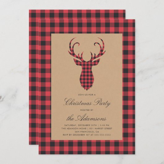 Rustic Tartan Plaid Rendier Christmas Party Kaart (Voorkant / Achterkant)