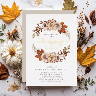 Rustic Taupe Herfst Floral Thanksgiving Dinner Gol Folie Uitnodiging