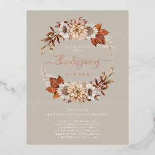 Rustic Taupe Herfst Floral Thanksgiving Folie Uitnodiging Briefkaart