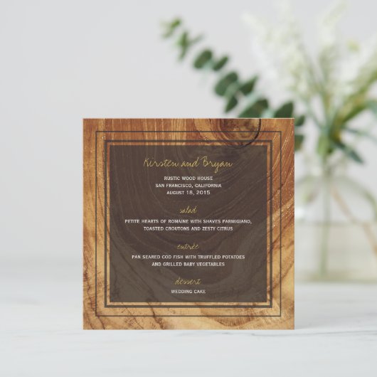 Rustic Teak Wood Bois Photo Moderne Mariage Menu (Debout devant)