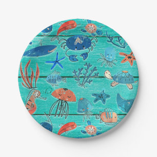 Rustic Teal Hout & Onder de Zee Vrienden Whimsical Papieren Bordje