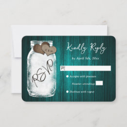 Rustic Teal Mason Jar Wood Wedding RSVP Card Kaartje