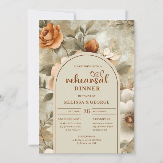 Rustic Terracotta Beige Olive Floral Rehearsal Kaart (Voorkant)