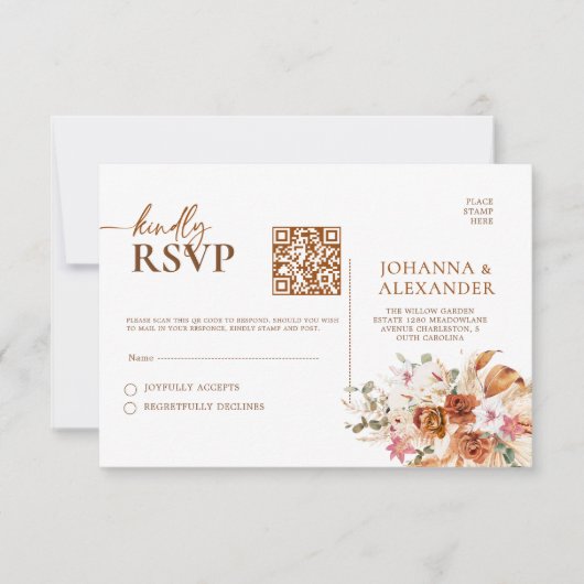Rustic Terracotta & Blush Floral QR Code RSVP Card (Voorkant)