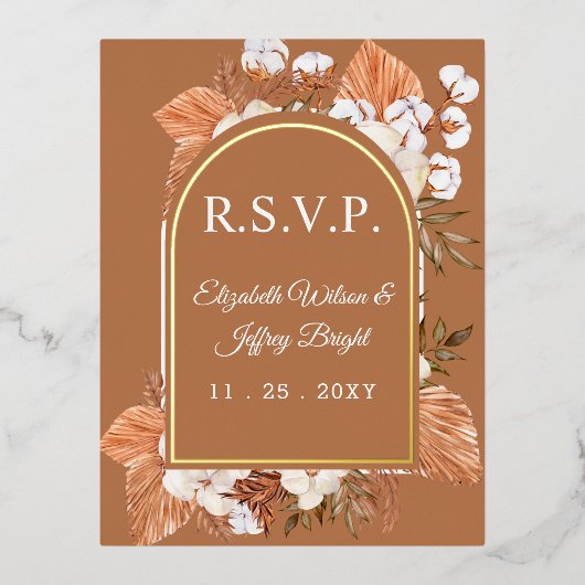 Rustic Terracotta Boho Pampas Arched RSVP Folie Uitnodiging Briefkaart (Voorkant)
