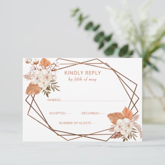 Rustic Terracotta Boho Pampas Geometric Wedding RSVP Kaartje (Staand voorkant)