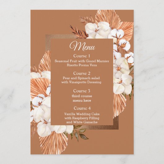 Rustic Terracotta Boho Pampas Orchids Wedding Menu (Voorkant)