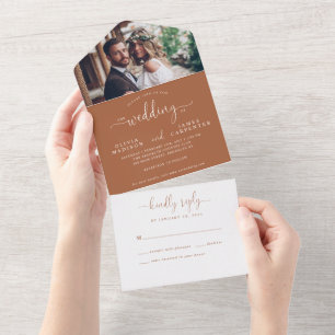 Rustic Terracotta Elegant Script Photo Wedding All In One Uitnodiging