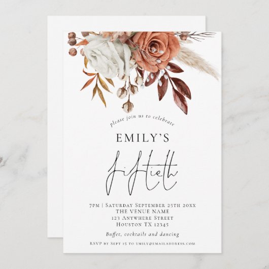 Rustic Terracotta Florals 50ste verjaardag Kaart (Voorkant / Achterkant)