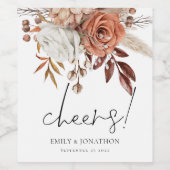 Rustic Terracotta Florals Cheers Names Wedding Wijn Etiket (Enkel label)