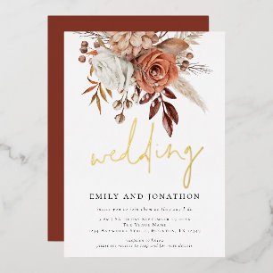 Rustic Terracotta Florals Informal Script Wedding Folie Uitnodiging
