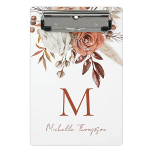 Rustic Terracotta Florals Monogram Initiaal Naam Mini Klembord