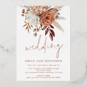 Rustic Terracotta Florals Script Wedding Real Foli Folie Uitnodiging (Voorkant)