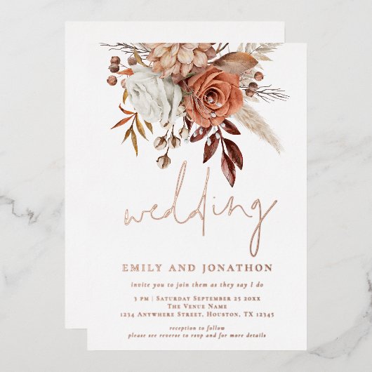 Rustic Terracotta Florals Script Wedding Real Foli Folie Uitnodiging (Voorkant / Achterkant)
