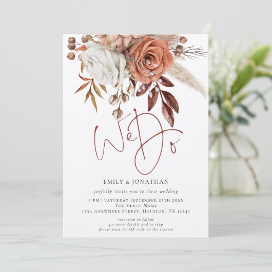 Rustic Terracotta Florals we QR code Weddenschap d Kaart (Staand voorkant)