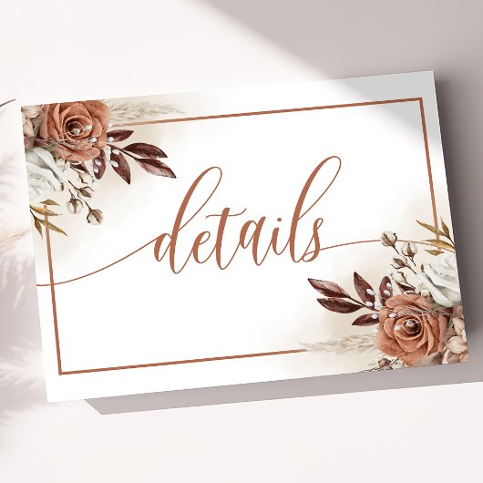 Rustic Terracotta Flowers Pampas Wedding Details Informatiekaartje