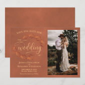 Rustic Terracotta Leaves & Photo Elegant Wedding Save The Date (Voorkant / Achterkant)