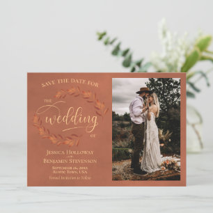 Rustic Terracotta Leaves & Photo Elegant Wedding Save The Date